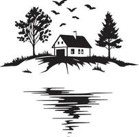 a house and trees on a lake with birds vector