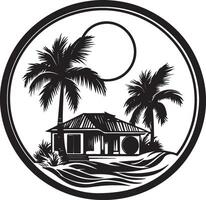 a black and white image of a house on the beach with palm trees vector