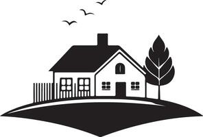 a black and white house with a tree and birds vector