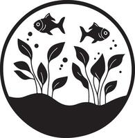 fish in the water with plants and leaves in a circle vector