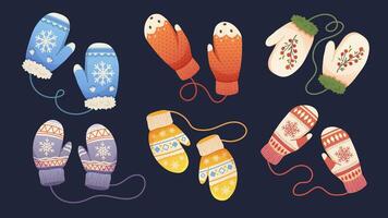 Set of drawn mittens. Pair of knitted gloves on white background. elements vector