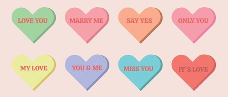 Eight colorful hearts display romantic messages such as LOVE YOU, MARRY ME on a soft background. vector