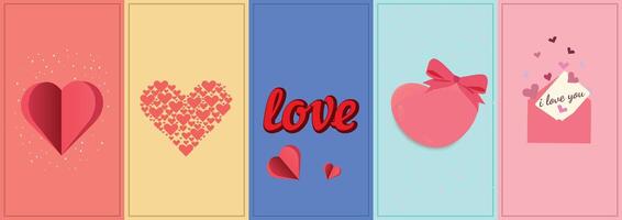 A five-panel Valentine Day design with hearts, love text, and an envelope conveying romantic messages. vector