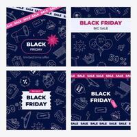 Set of square dark banners for Black Friday with white line doodle for shopping. Concept with funny hand drawn clipart for big sale for social media post, background template, website, promotion. vector
