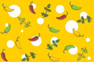Illustration of chilli and leaf with white circle on yellow background. vector