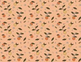 the repeating of orange fruit hand drawn with leaf and flower on soft orange background. vector