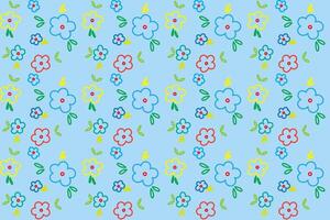 Illustration pattern, Repeating line of abstract multicolor flower with leaf on soft blue background. vector
