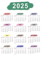 Monthly calendar template of year 2025. Sunday start. vector