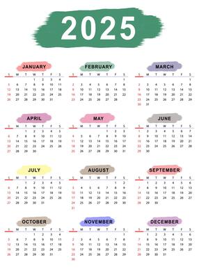 Monthly calendar template of year 2025. Sunday start.