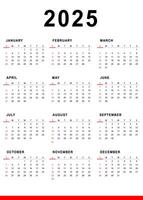 Calendar of year 2025 template. Sunday start. vector