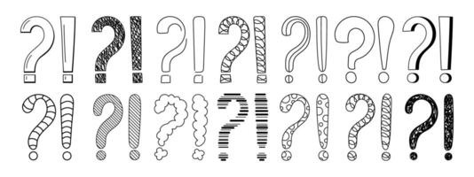 Doodle question and exclamation marks hand drawn sketch illustration set. vector