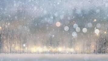 A serene winter night scene with bare trees adorned with glowing lanterns, set against a starry sky. The image evokes a sense of tranquility and wonder, highlighting the beauty of illuminated nature video