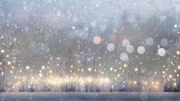 A serene winter night scene with bare trees adorned with glowing lanterns, set against a starry sky. The image evokes a sense of tranquility and wonder, highlighting the beauty of illuminated nature video