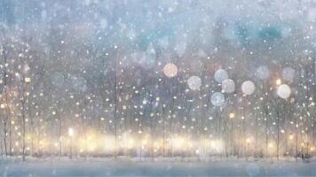 A serene winter night scene with bare trees adorned with glowing lanterns, set against a starry sky. The image evokes a sense of tranquility and wonder, highlighting the beauty of illuminated nature video