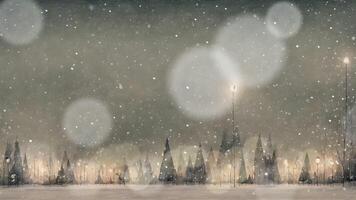 A serene winter night scene with bare trees adorned with glowing lanterns, set against a starry sky. The image evokes a sense of tranquility and wonder, highlighting the beauty of illuminated nature video