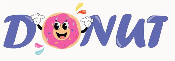 Playful donut logo with happy cartoon character, pink frosting, and colorful sprinkles in a whimsical design. Logo card in trendy retro style. For poster, card, print, promotion, sale and itc vector