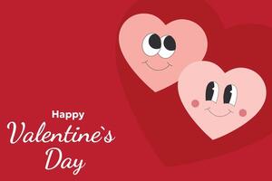 Valentines Day illustration with two smiling hearts on red background, symbolizing love and happiness. Festive concept for background, greeting card, website and mobile website banner, social media vector