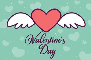 Valentines Day illustration of red heart with white wings on green background with love symbols and text. Festive concept for background, greeting card, website and mobile website banner vector