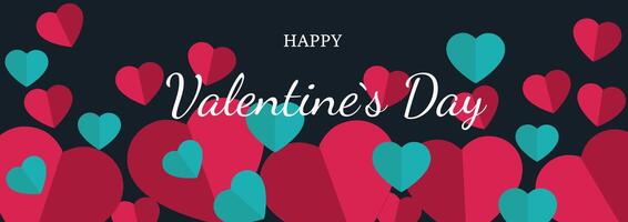 Valentines Day banner with red and turquoise hearts on dark background. Holiday background design with border frame made of red and blue Horizontal poster, flyer, greeting card, website header vector