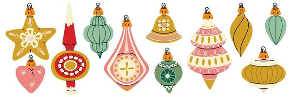 A set of Soviet Christmas tree toys of various shapes. Glass toys. The illustration is in vintage colors, the objects are round, elongated, cute. Festive decor items for decorating the Christmas tree vector