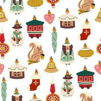 patterns of Soviet Christmas tree toys in the form of various objects, animals, people. Carriage, house, the snow maiden, the bell. Glass toys. Illustrations in vintage colors, bright new year items vector