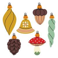 A set of Soviet Christmas tree toys. Glass toys. Bell, icicle, fly agaric, acorn, cone illustration in vintage tones forest motifs, objects. Festive decor items for decorating the Christmas tree vector