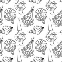 pattern of Soviet Christmas tree toys of various shapes. Toys made of glass. Texture is made in contour, objects are round, elongated and cute. Festive decor items for decorating the Christmas tree vector