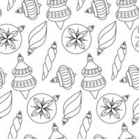 pattern of Soviet Christmas tree toys of various shapes. Toys made of glass. illustration is made in contour, objects are round, elongated, cute. Festive decor items for decorating the Christmas tree vector