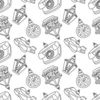 doodle pattern of Soviet Christmas tree toys. Toys made of glass. An airplane, carousel, crew, house, street lamp, clock, vintage illustrations, various objects. Textures of festive for New Year tree vector
