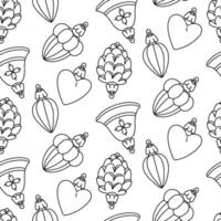 doodle pattern of Soviet Christmas tree toys of various shapes. Toys made of glass. illustration is made in vintage style. Bell, icicle, acorn, heart, forest objects. Festive decorating Christmas tree vector