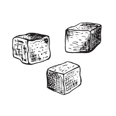 Refined sugar cubes. Set sketches. graphic illustration, hand drawn isolated. Black and white drawin of sweet product. Seasoning for cooking, ingredient for jam, candy. Clipart for food design.