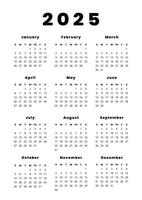 Calendar 2025, Week Starts Sunday, One Page A4. Design Planner Template. Print. vector