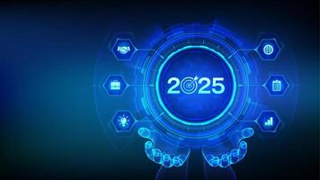 2025 New year Goals and plans icon in wireframe hands. Business plan and strategies. Goal acheiveement and success in 2025. Resolutions, plan, action, checklist concept. vector