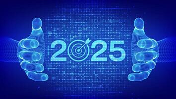 2025 New year Goals and plans. Numbers 2025 made with currency symbols in wireframe hands. New 2025 financial year. Business plan and strategies. Background with currency signs. vector