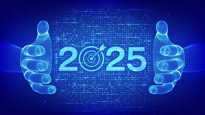 2025 New year Goals and plans. Numbers 2025 made with currency symbols in wireframe hands. New 2025 financial year. Business plan and strategies. Background with currency signs.