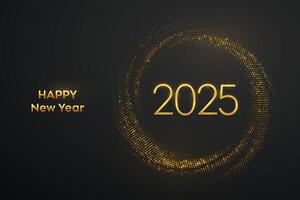 Happy New Year 2025. Golden metallic luxury numbers 2025 on shimmering background. Realistic sign for greeting card. Bursting backdrop with glitters. Festive poster or banner. vector
