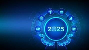 2025 New year Goals and plans icon in wireframe hands. Business plan and strategies. Goal acheiveement and success in 2025. Resolutions, plan, action, checklist concept. vector