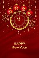 Happy New Year 2025. Hanging red Christmas bauble balls with realistic gold 3d numbers 2025 and snowflakes. Watch with Roman numeral and countdown midnight, eve for New Year. Merry Christmas. vector