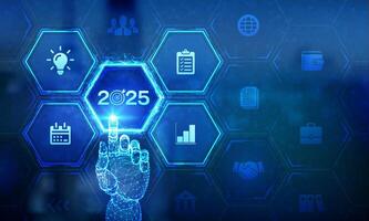 2025 New year Goals and plans. Business plan and strategies. Goal acheiveement and success in 2025. Resolutions, plan, action, checklist concept. Wireframe hand touching digital interface. vector