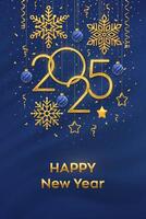 Happy New Year 2025. Hanging Golden metallic numbers 2025 with shining snowflakes, 3D metallic stars, balls and confetti on blue background. New Year greeting card or banner template. vector