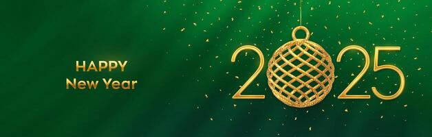 Happy New Year 2025. Hanging Golden metallic numbers 2025 with shining 3D gold ball bauble and confetti on green background. New Year greeting card, banner, header template. vector