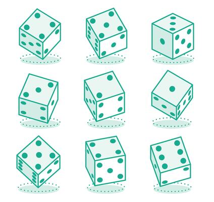 Isometric collection of dices on a white background. Outline objects. Set of cubes for gambling and board games. White cubes with random numbers.