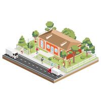 Isometric hotel in classical style with columns. Small hotel building facade. Online hotel booking. White fence with trees and benches. People walking around. vector
