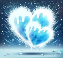 Two cold frozen hearts with pieces of ice on blue snowy background. Wind, snowflakes and ice stars around. Valentine's Day. Symbol of love from cold ice. vector