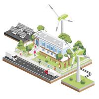 Isometric hotel in classical style with columns. Solar panels and wind turbines. Small hotel building facade. Trees and benches. Ecology conservation. Sustainable energy. vector