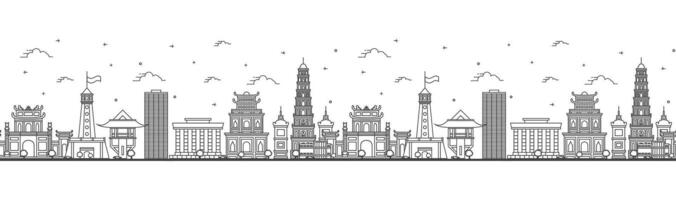 Seamless pattern with outline Hanoi Vietnam City Skyline with Modern and Historic Buildings Isolated on White. Hanoi Cityscape with Landmarks. vector