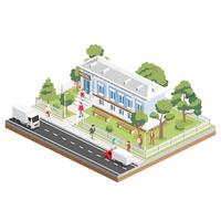 Isometric hotel in classical style with columns. Small hotel building facade. Online hotel booking. White fence with trees and benches. People walking around. vector