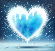 Cold frozen heart with pieces of ice on blue snowy background. Wind, snowflakes and ice stars around. Valentine's Day. Symbol of love from cold ice. vector
