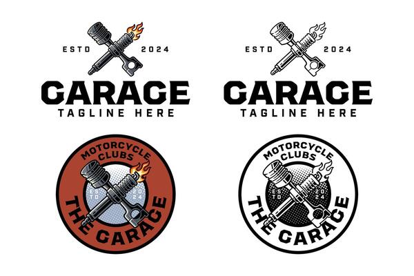 engine piston with spark plug crossed colorful outline logo design set for garage, automotive, motorcycle club piston, spark plug with fire illustration badge logo template for rider, racing sport