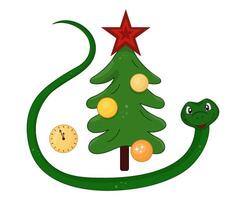 Green snake under Christmas tree. Christmas tree decorated with New Year toys. Symbol of New Year 2025. illustration isolated design elements. vector